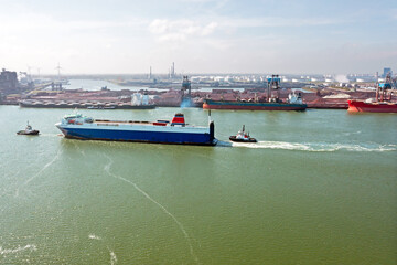 Aerial from a freighter on the Nieuwe Waterweg near Rotterdam harbor in the Netherlands