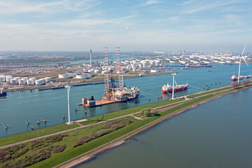 Fototapeta na wymiar Aerial from industry at the Nieuwe Waterweg in Rotterdam the Netherlands