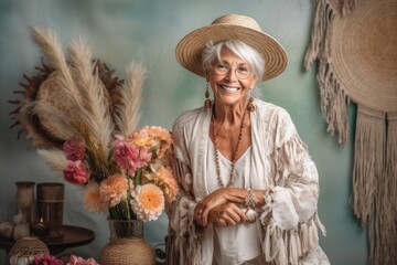 Elderly woman wearing a hat and holding a bouquet of pampas grasses and flowers, in stylish boho interior. Summer fashion conception. Created with Generative Ai Technology