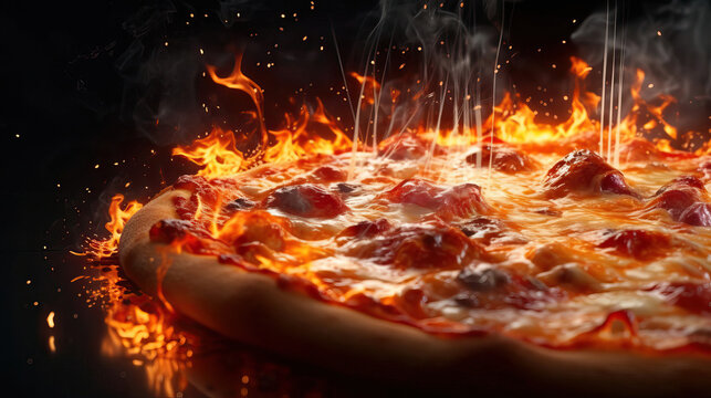 Pizza floating and cheese stretch fire on black background. Generative AI illustrations