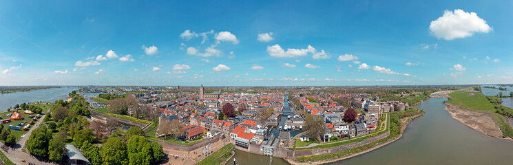 Fototapeta na wymiar Aerial panorama from the city Gorinchem at the river Merwede in the Netherlands