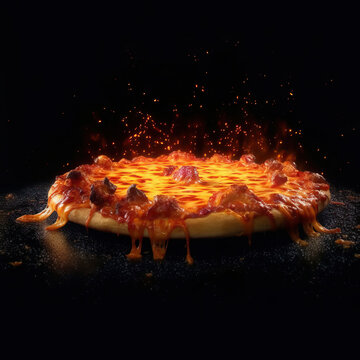 Pizza floating and cheese stretch fire on black background. Generative AI illustrations