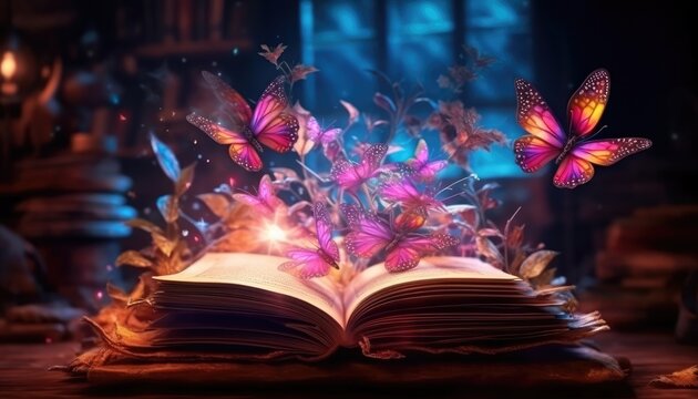 The magic book of elves in the fairy forest opens. (Generative AI)