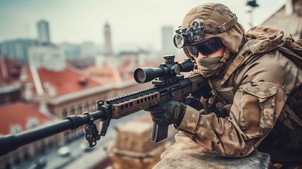 Fototapeta premium Soldier with Sniper Rifle in Hand on the Roof. Generative ai