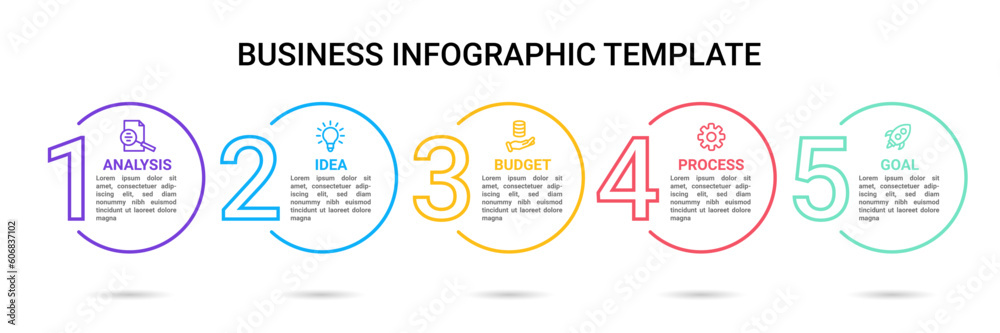 Poster Business infograph. 5 steps. Work process. Numbers in circle line icons. Flowchart diagram. Workflow strategy chart. Timeline flow infographic. Plan presentation vector design template