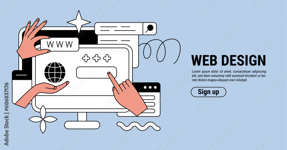 Fototapete Web design. Landing page. Digital computer marketing. UX UI website. Internet engineer characters. Hands and monitor. Web application. Browser creating. Vector online banner template