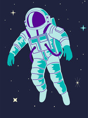 Astronaut in space. cute character in spacesuit flying, man in space suit and helmet, cosmonaut adventures poster or banner. Cartoon flat isolated illustration. Abstract vector background