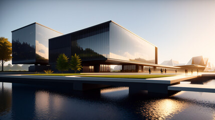 futuristic black building with cubic form on coast. generative ai