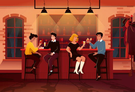 Friends drink in bar. People meeting and talk with beer, hipster group activity, happy woman and man drinking cocktails. Cartoon flat style isolated illustration. Vector pub characters