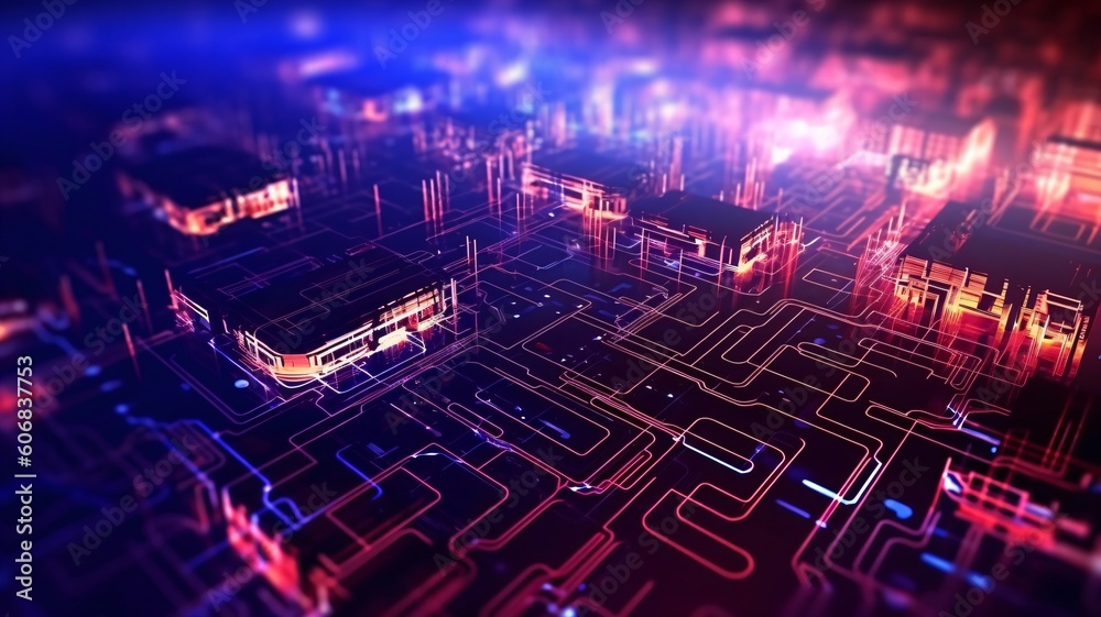 Poster geometry digital network with processor at motherboard. digital neon color vibes. presentation, bann
