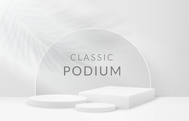 White podium, product platform, 3d square and round stands. Minimal studio pedestal, display or stage for product presentation, scene with shadow on wall, empty showcase. Vector clean mockup