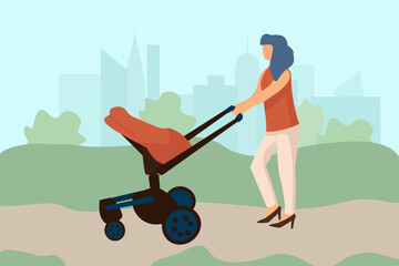 Mother walking with carriage. Family stroll in city park. Cartoon woman carrying pram. Newborn baby in buggy. Summer leisure. Mom with infant together in nature. Vector illustration