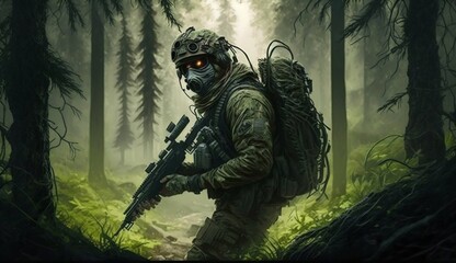 Soldier with Sniper Rifle Running through a Dense Forest. Generative ai