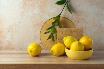 Summer creative modern still life composition with lemons on wooden table - obrazy, fototapety, plakaty