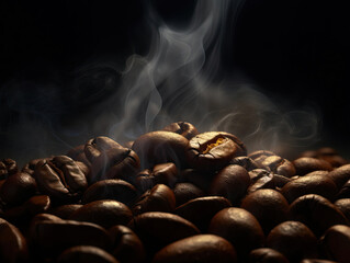 Closeup Roasted coffee beans smoke on black background. Generative AI illustrations - obrazy, fototapety, plakaty