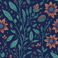 Seamless pattern of floral elements with green and orange colors, flat design