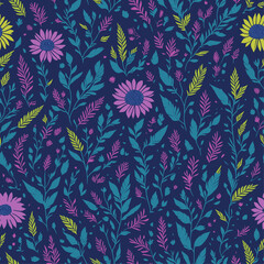 Seamless pattern of floral elements with blue, purple, green colors, flat design