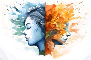 bipolar disorder mind mental health connection watercolor painting illustration hand drawing design symbol. White background. Digital illustration, watercolor style. Generative AI - obrazy, fototapety, plakaty