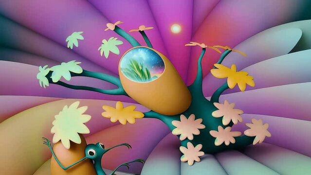 Generative ai animation of surreal magic planet with plastic alien plants and dinosaurs. Digital image painted manipulation of a fairy tale landscape with monsters in slow motion