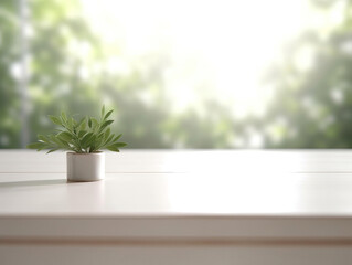 Fototapeta na wymiar Clean top table with a leaves and plants and blur background. Generative AI illustrations