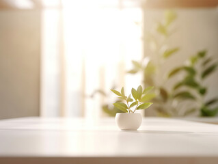 Clean top table with a leaves and plants and blur background. Generative AI illustrations