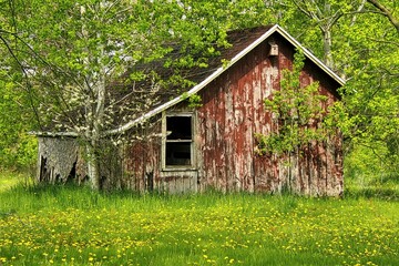 Fototapeta na wymiar On a sunny Spring day in a Wisconsin forest, an abandoned farm building is surrounded by yellow dandelions and lush green trees.