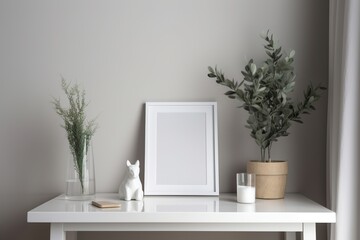 Blank vertical picture frame mockup in room. Contemporary, modern style. Empty space for artwork, poster. White frame mock up, template. Close up view. Generative AI.
