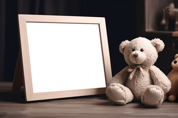 Blank picture frame mockup with plush toys. Copy space. Wooden frame mock up, template. Close up view. Picture in kids room. Generative AI.
