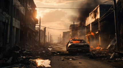 Fototapeta na wymiar Exploded car in war space, destroyed city