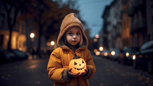 Little Girl With A Halloween Trick Or Treat Basket Lost Alone In The Street, Ai Generated