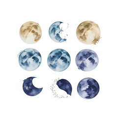 Watercolor planets and moon phases isolated on white background