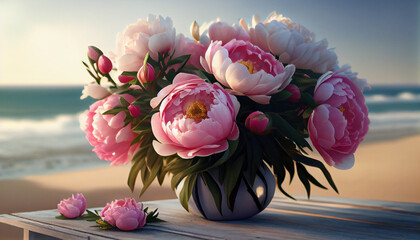 Beautiful peony bouquet on a table near the window Ai generated image