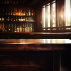 wooden bar table in dark room blurry background AI Generated