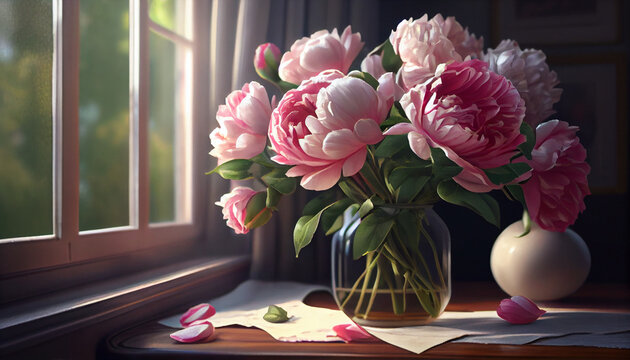 Beautiful peony bouquet on a table near the window Ai generated image