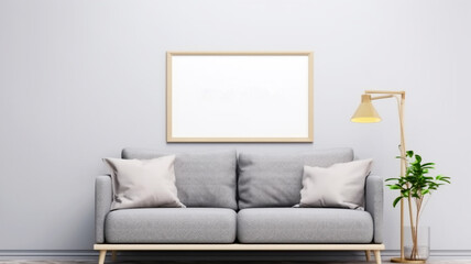 Interior design of a living room with a sofa, a painting and lamps