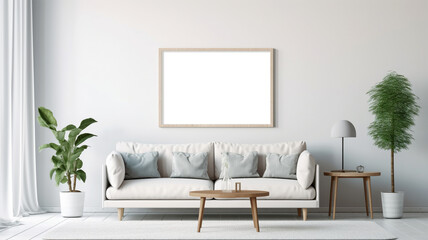 Interior design of a living room with a sofa, a painting and lamps