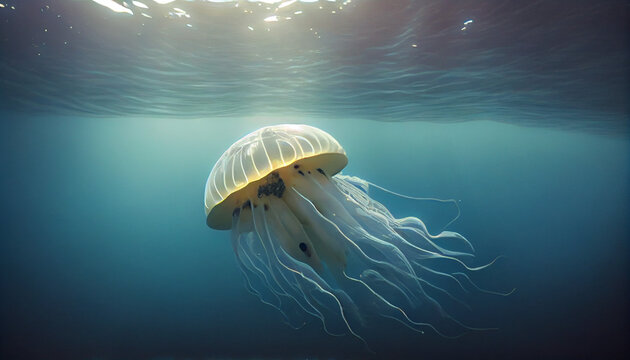 Endangered Jellyfish cruises in the warm water under sea Ai generated image