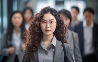 Fototapeta na wymiar Young beautiful Asian female manager in elegant business suit. Generative Ai.