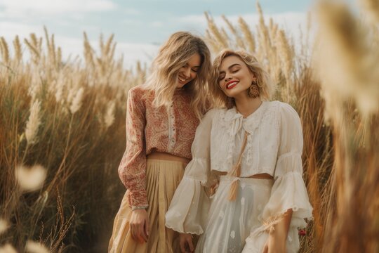 Stylish boho women in white dresses standing in a field of pampas grasses in sunset light. Summer travel. Summer fashion conception. Created with Generative Ai Technology.