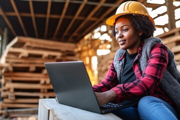 Development and Construction. Female engineering supervisor with laptop. Black woman. Generative Ai.