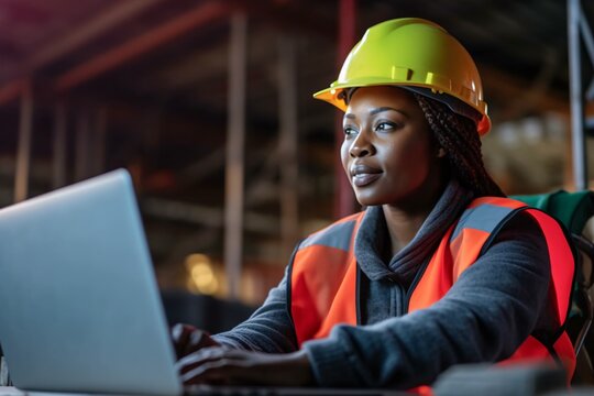 Development and Construction. Female engineering supervisor with laptop. Black woman. Generative Ai.