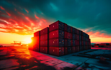a container at port with the sun setting behind it