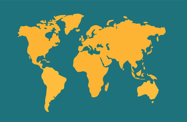 Flat vector illustration of world map in yellow color on green background