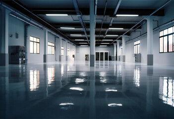 a warehouse with big, shiny floors in the middle - obrazy, fototapety, plakaty