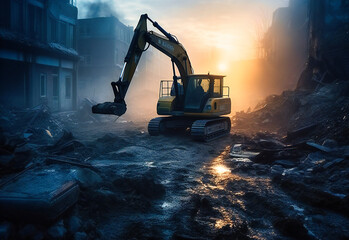 an excavator digging piles of rubble to build large buildings - obrazy, fototapety, plakaty