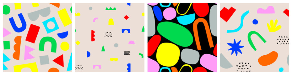 Fun colorful seamless pattern collection. Creative abstract style art background for children. Trendy texture design with basic shapes. Simple childish doodle wallpaper print set.