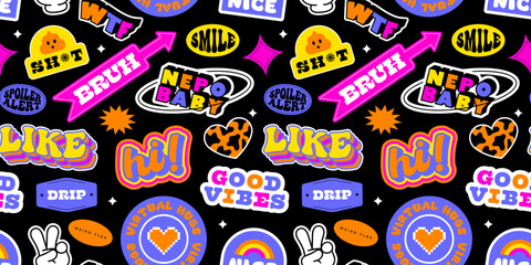 Fototapeta na wymiar Vintage cartoon sticker label seamless pattern. Retro 90s neon color icon tag background texture. Trendy funny quote sign wallpaper print.