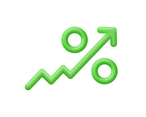 3D Percent and arrow icon. Interest rate, finance, banking, credit and money sphere concept.