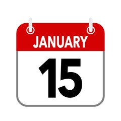 15 January, calendar date icon on white background.