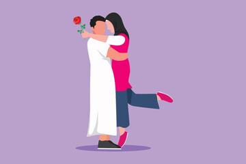 Graphic flat design drawing Arabian boy giving rose flower to girl. Man in love giving flowers. Happy couple getting ready for wedding. Engagement and love relation. Cartoon style vector illustration